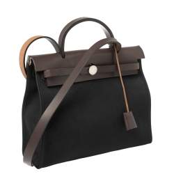Pre Owned Hermès Black Canvas And Brown Leather Herbag Zip 31 Bag
