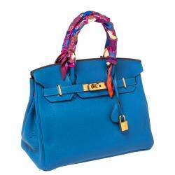 Hermes Blue Birkin	Izmir Clemence Leather Gold Hardware Birkin 30 Bag with Twilly