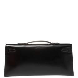Pre Owned Hermes Black Box Calf Leather Palladium Hardware Kelly Longue Clutch 34