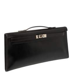 Pre Owned Hermes Black Box Calf Leather Palladium Hardware Kelly Longue Clutch 34