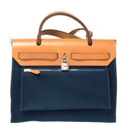 Pre Owned Hermes Bleu De Malte/Natural Canvas And Leather Herbag Zip 31 Bag
