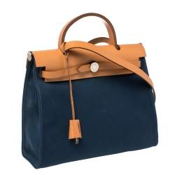 Pre Owned Hermes Bleu De Malte/Natural Canvas And Leather Herbag Zip 31 Bag
