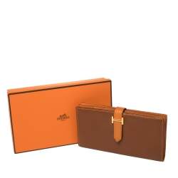 Pre Owned Hermes Noisette/Orange Chevre Leather Bearn Gusset Wallet