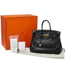Hermes Black Clemence Leather Gold Hardware Birkin 35 Bag