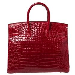 Pre Owned Hermès Rouge Braise Porosus Crocodile 18K White Gold Encrusted Diamond Birkin 35 Bag