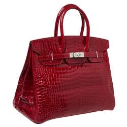Pre Owned Hermès Rouge Braise Porosus Crocodile 18K White Gold Encrusted Diamond Birkin 35 Bag