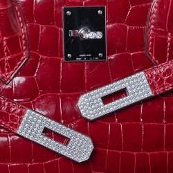 Pre Owned Hermès Rouge Braise Porosus Crocodile 18K White Gold Encrusted Diamond Birkin 35 Bag