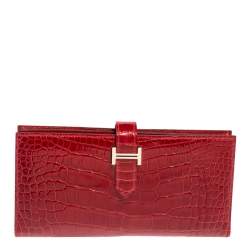 Pre Owned Hermes Braise Shine Alligator Palladium Finished Bearn Gusset Wallet