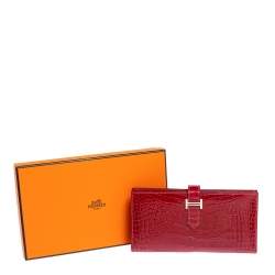 Pre Owned Hermes Braise Shine Alligator Palladium Finished Bearn Gusset Wallet