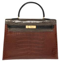 Pre Owned Hermès Tri Color Shine Alligator Gold Finished Kelly Sellier 35 Bag