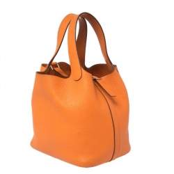 Pre Owned Hermes Orange Togo Leather Lock Picotin PM Bag