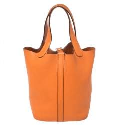 Pre Owned Hermes Orange Togo Leather Lock Picotin PM Bag