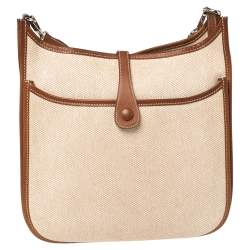 Pre Owned Hermes Natural Barenia Leather and Toile Canvas Evelyne II PM Bag