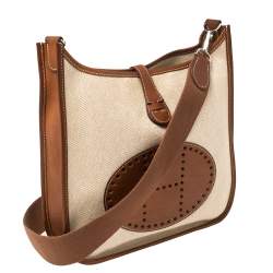 Pre Owned Hermes Natural Barenia Leather and Toile Canvas Evelyne II PM Bag