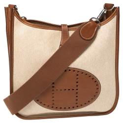 Pre Owned Hermes Natural Barenia Leather and Toile Canvas Evelyne II PM Bag
