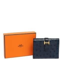 Pre Owned Hermes Bleu Iris Ostrich Bearn Compact Wallet