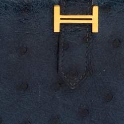 Pre Owned Hermes Bleu Iris Ostrich Bearn Compact Wallet