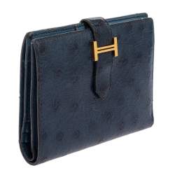 Pre Owned Hermes Bleu Iris Ostrich Bearn Compact Wallet