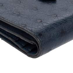 Pre Owned Hermes Bleu Iris Ostrich Bearn Compact Wallet