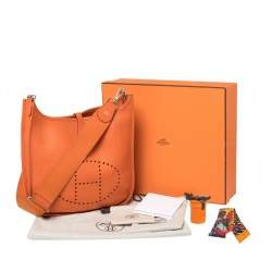 Pre Owned Hermes Feu Taurillon Clemence Leather Evelyne III PM Bag