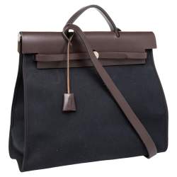 Pre Owned Hermes Black/Cacao Canvas and Leather Herbag Zip 39 Bag