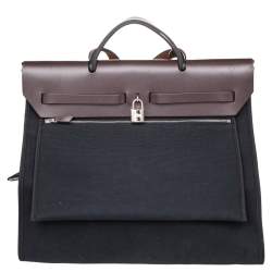 Pre Owned Hermes Black/Cacao Canvas and Leather Herbag Zip 39 Bag