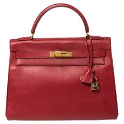 Hermes Rouge VIF Courchevel Leather Gold Finished Kelly Retourne 32 Bag