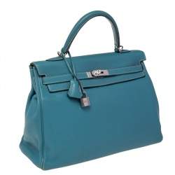Pre Owned Hermes Bleu Jean Taurillon Clemence Leather Palladium Hardware Kelly Retourne 35 Bag
