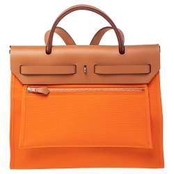 Hermes Orange/Natural Canvas and Leather Herbag Zip 31 Bag