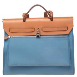 Pre Owned Hermes Bleu Lin/Natural Canvas and Leather Herbag Zip 39 Bag