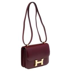 Pre Owned Hermés Rouge H Veau Monsieur Leather Gold Plated Constance 18 Bag