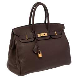 Hermes Cacao Taurillon Clemence Leather Gold Plated Birkin 35 Bag