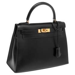 Pre Owned Hermes Black Box Calf Leather Gold Hardware Kelly Sellier 28 Bag
