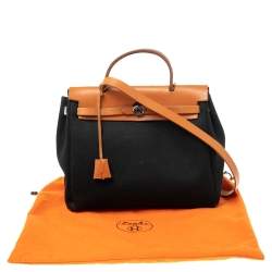 Pre Owned Hermes Noir/Natural Canvas and Leather Herbag PM Bag