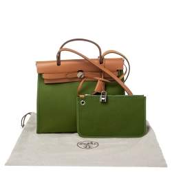 Pre Owned Hermes Apple Green/Natural Canvas and Leather Herbag Zip 31 Bag