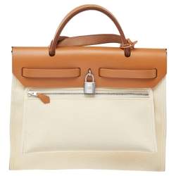 Pre Owned Hermes Beige/Tan Canvas and Leather Herbag Zip 31 Bag