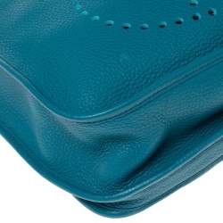 Pre Owned Hermes Bleu Izmir Taurillon Clemence Leather Evelyne III GM Bag
