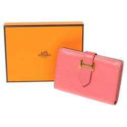 Pre Owned Hermes Rose Lipstick Evercolor Leather Bearn Card Holder