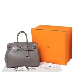 Hermes Etain Taurillon Clemence Leather Palladium Plated Birkin 35 Bag