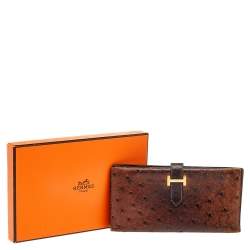 Pre Owned Hermes Noisette Ostrich Leather Bearn Gusset Wallet
