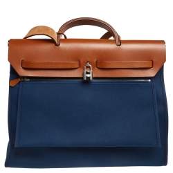 Pre Owned Hermes Bleu De Malte/Fauve Canvas and Leather Herbag Zip 39 Bag