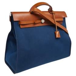 Pre Owned Hermes Bleu De Malte/Fauve Canvas and Leather Herbag Zip 39 Bag