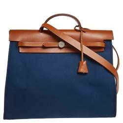 Hermes 31cm Bleu Lin Canvas and Natural Calfskin Leather Herbag