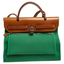 Pre Owned Hermes Bamboo/Fauve Canvas and Leather Herbag Zip 31 Bag