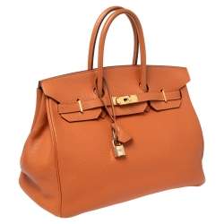 Hermes Orange Togo Leather Gold Plated Birkin 35 Bag