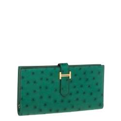 Pre Owned Hermes Vert Vertigo Ostrich Bearn Gusset Wallet
