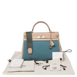 Hermes Argile Swift Leather and Chambray Toile Palladium Plated Kelly Retourne 35 Bag