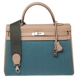 Hermes Argile Swift Leather and Chambray Toile Palladium Plated Kelly Retourne 35 Bag