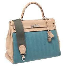 Hermes Argile Swift Leather and Chambray Toile Palladium Plated Kelly Retourne 35 Bag