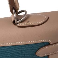 Hermes Argile Swift Leather and Chambray Toile Palladium Plated Kelly Retourne 35 Bag